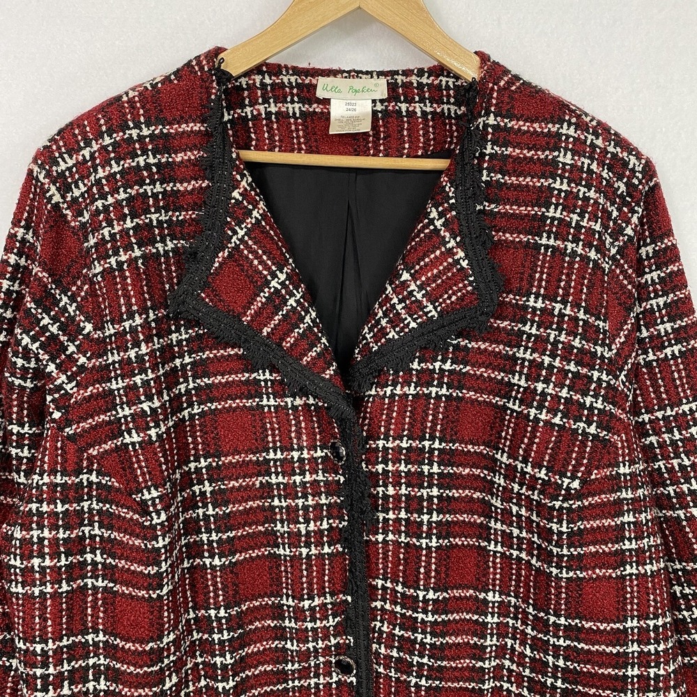 Ulla Popken Women 24/26 Tweed Blazer Red Black Plaid Relaxed Fit Jacket 25323
